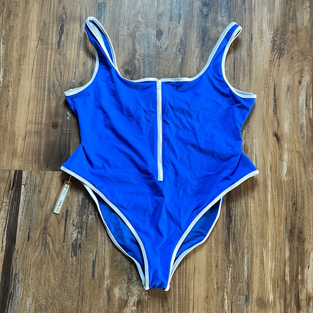 SKIMS Sporty Zipper Swim Scoop One Piece Bathing Suit in Cobalt